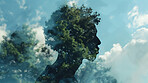 Mindfulness, human and abstract environmental mockup for meditation, zen and ecosystem. Head silhouette, double exposure effect and green overlay backdrop for wallpaper, copyspace and sustainability