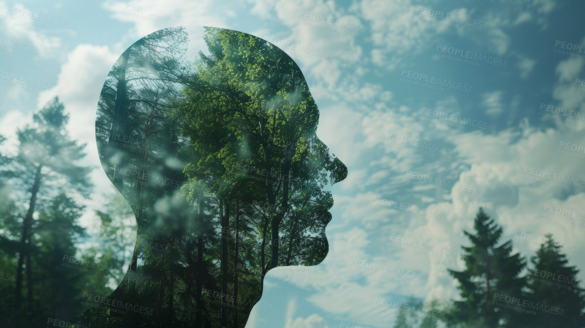 Buy stock photo Mindfulness, human and abstract environmental mockup for meditation, zen and ecosystem. Head silhouette, double exposure effect and green overlay backdrop for wallpaper, copyspace and sustainability