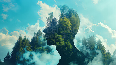 Buy stock photo Mindfulness, human and abstract environmental mockup for meditation, zen and ecosystem. Head silhouette, double exposure effect and green overlay backdrop for wallpaper, copyspace and sustainability