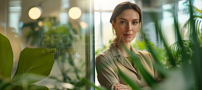 Buy stock photo Woman, employee and business portrait in an office for environment, sustainability and nature. Confident, female executive standing alone for marketing, strategy and leadership in green workplace
