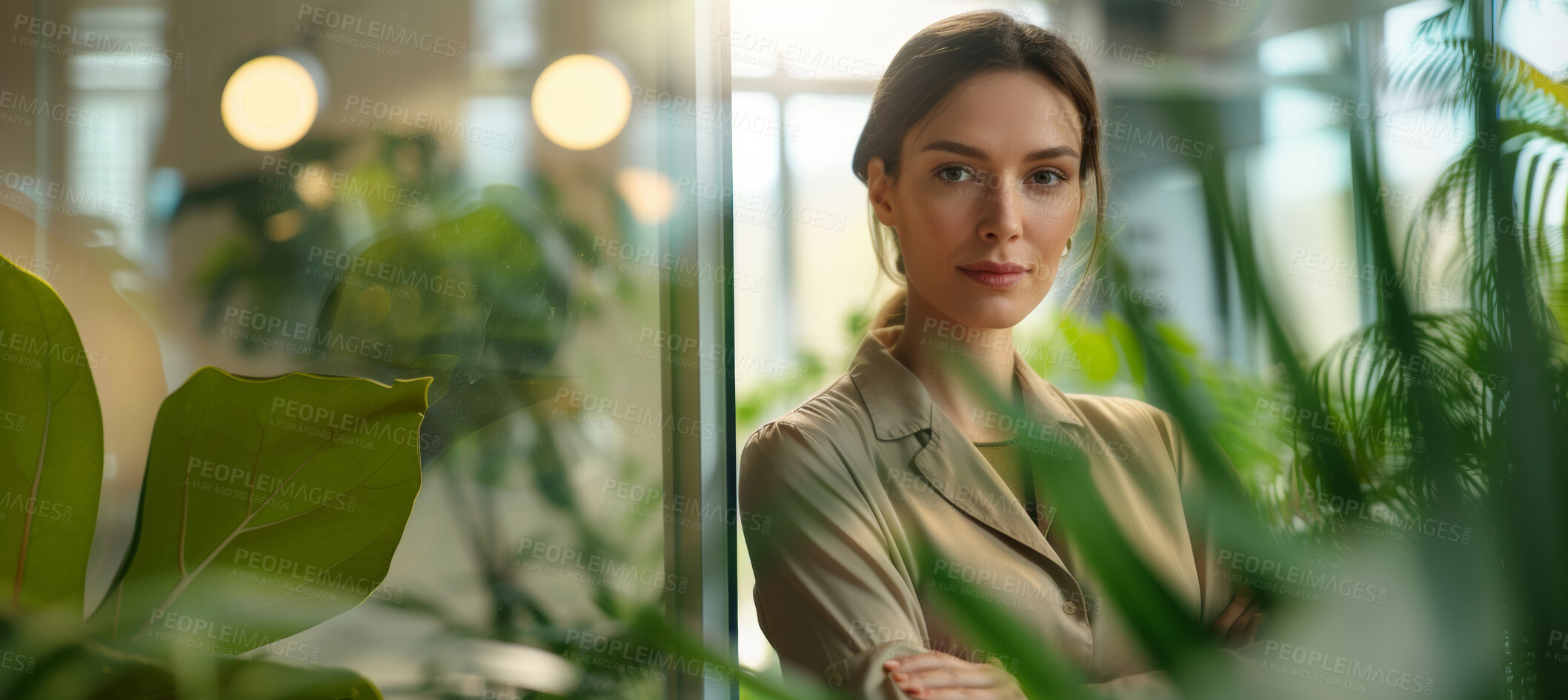 Buy stock photo Woman, employee and business portrait in an office for environment, sustainability and nature. Confident, female executive standing alone for marketing, strategy and leadership in green workplace