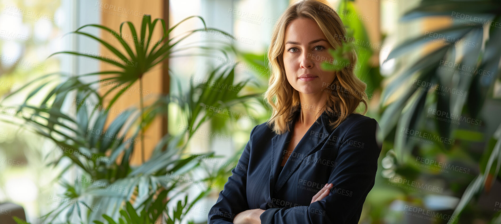 Buy stock photo Woman, employee and business portrait in an office for environment, sustainability and nature. Confident, female executive standing alone for marketing, strategy and leadership in green workplace