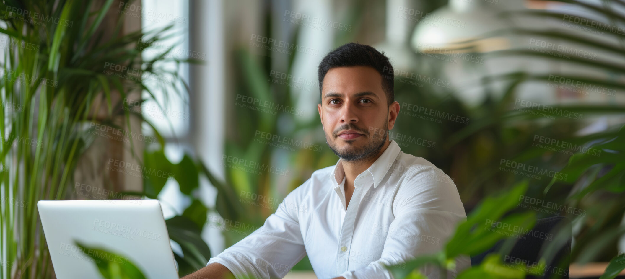 Buy stock photo Man, laptop and business portrait in an office for environment, sustainability and nature. Confident, male executive sitting alone for marketing, eco strategy and leadership in green workplace