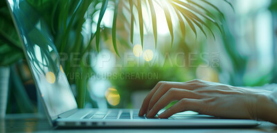 Buy stock photo Hand, laptop and typing for sustainability, eco friendly mockup for business or environmental sustainability. Earth day, climate change or sustainable future for wallpaper, freelance or poster design