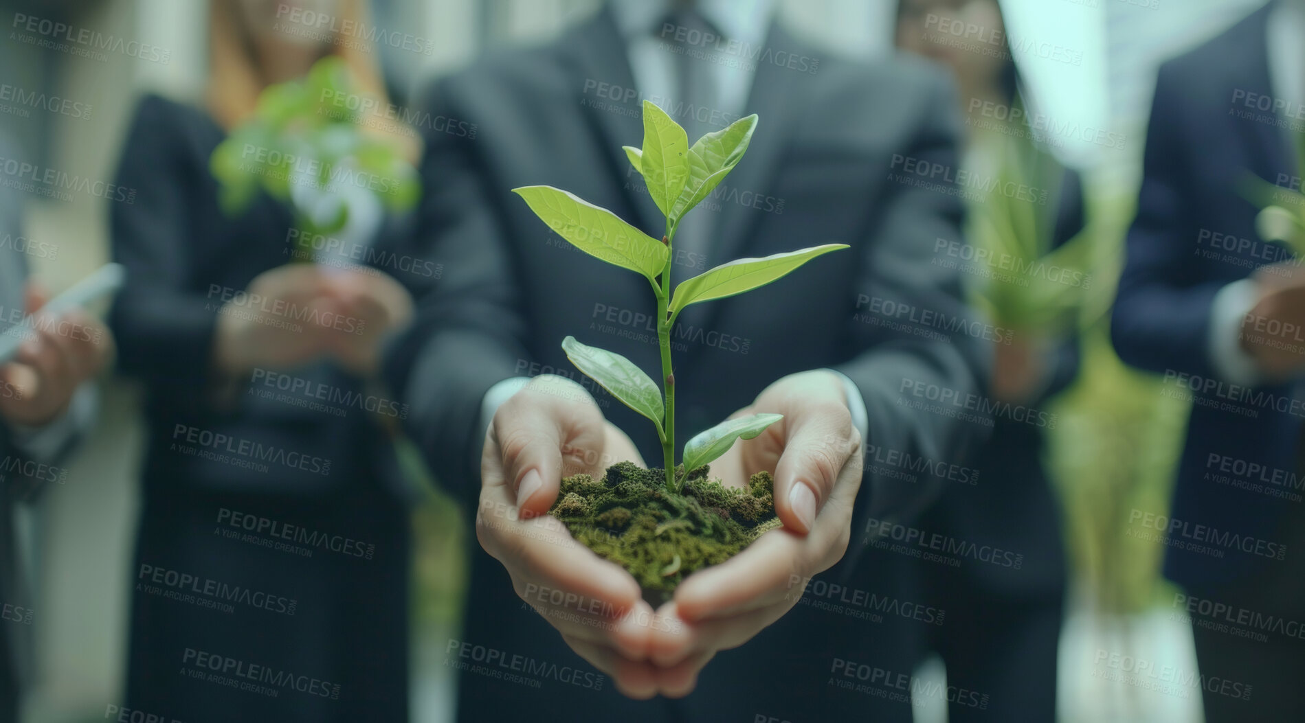 Buy stock photo Hand, palm and tree for nature sustainability, eco friendly mockup for nurture or environmental sustainability. Earth day, climate change or sustainable future for wallpaper, farming or poster design