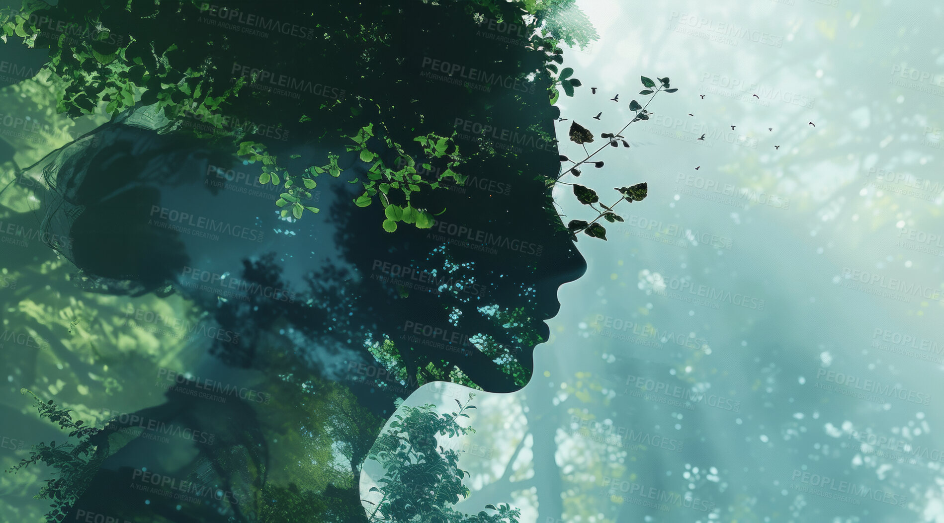 Buy stock photo Mindfulness, human and abstract environmental mockup for meditation, zen and ecosystem. Head silhouette, double exposure effect and green overlay backdrop for wallpaper, copyspace and sustainability