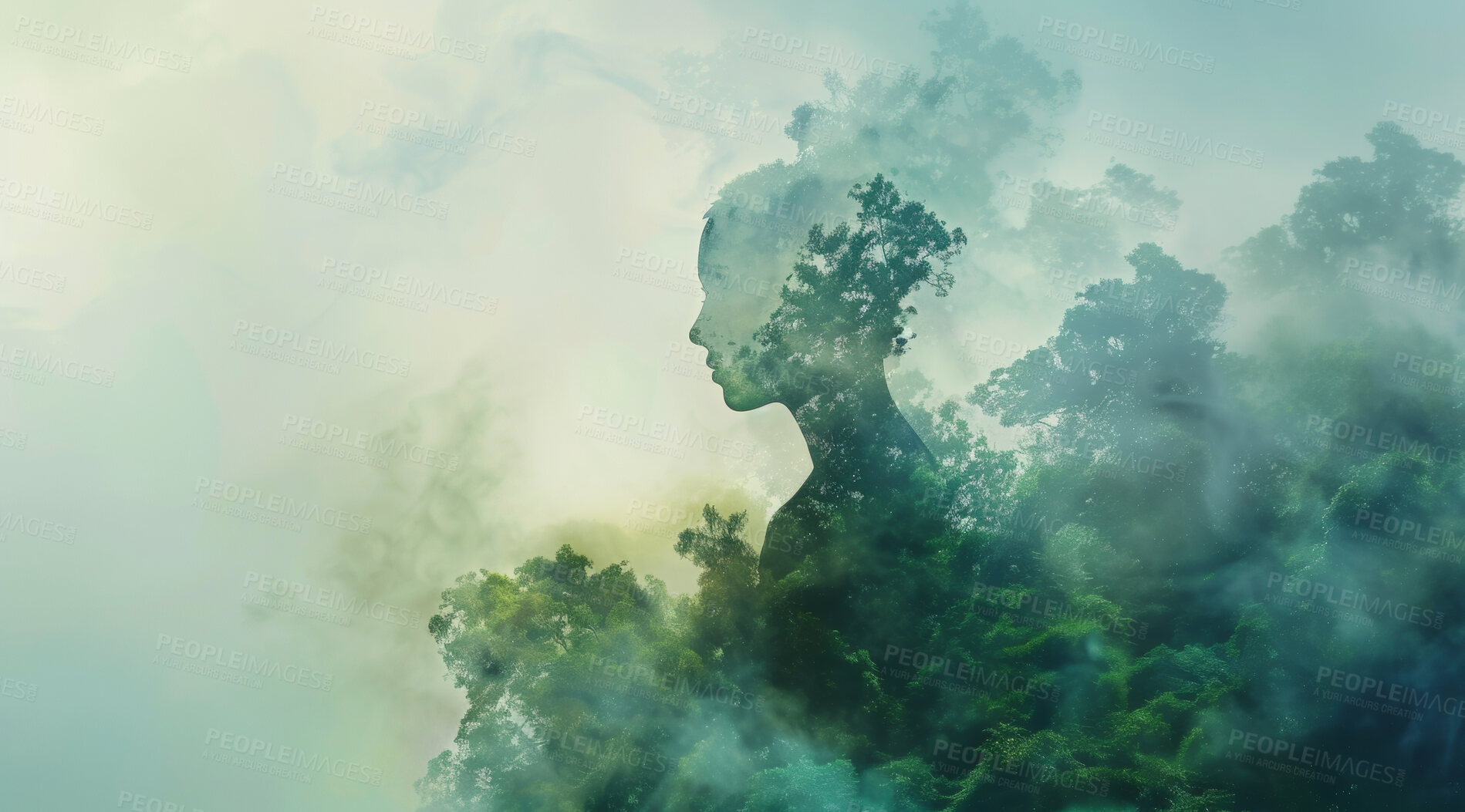 Buy stock photo Mindfulness, human and abstract environmental mockup for meditation, zen and ecosystem. Head silhouette, double exposure effect and green overlay backdrop for wallpaper, copyspace and sustainability