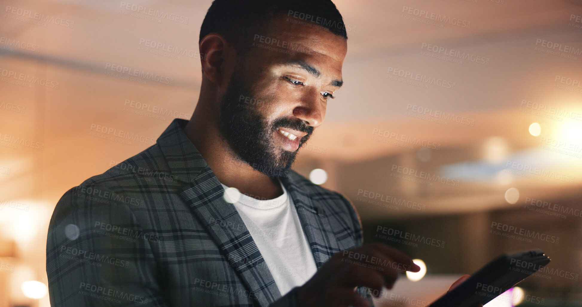 Buy stock photo Business, man and tablet at night in office for planning research, online data report and scroll information. Corporate employee working late on digital technology for social network, website and app