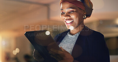 Business, happy black woman and tablet at night in office to search online report, scroll information and website planning. Corporate employee working late on digital data, tech or social network app