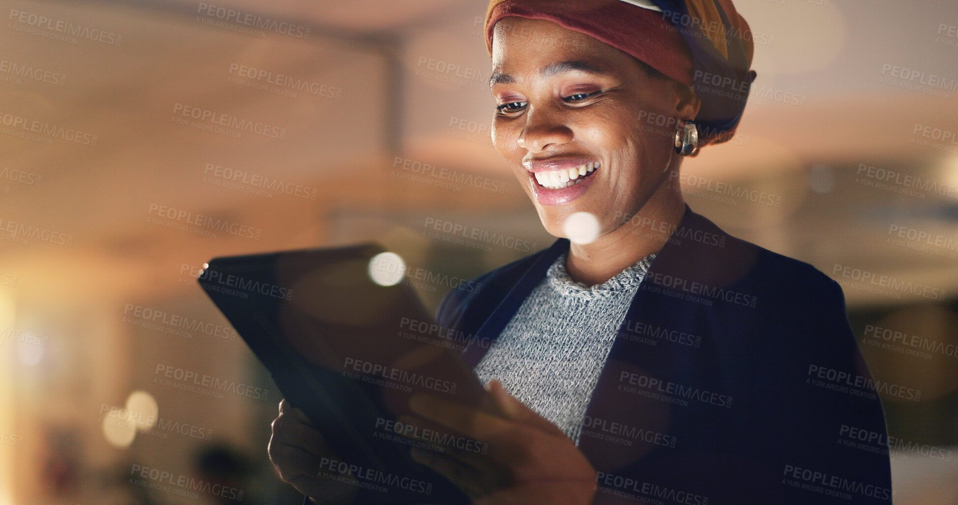 Buy stock photo Business, happy black woman and tablet at night in office to search online report, scroll information and website planning. Corporate employee working late on digital data, tech or social network app