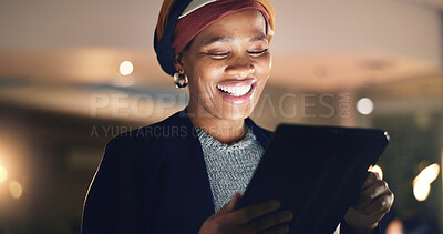 Business, happy black woman and tablet at night in office to search online report, scroll information and website planning. Corporate employee working late on digital data, tech or social network app