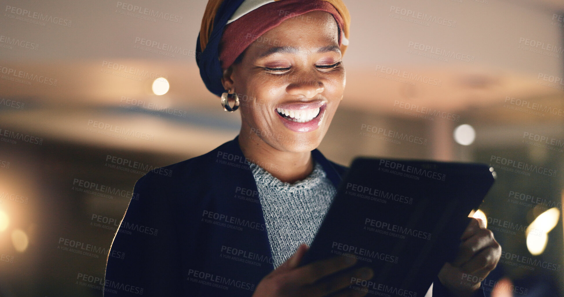 Buy stock photo Business, happy black woman and tablet at night in office to search online report, scroll information and website planning. Corporate employee working late on digital data, tech or social network app