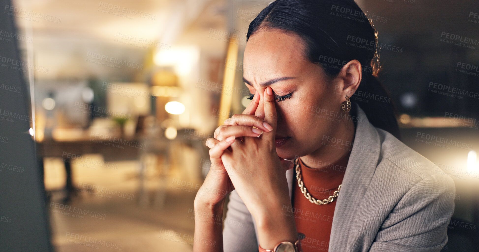 Buy stock photo Night, headache and business woman with stress working on computer in corporate company office with burnout. Overworked, frustrated and employee tired due to mistake, risk or fail on overtime project