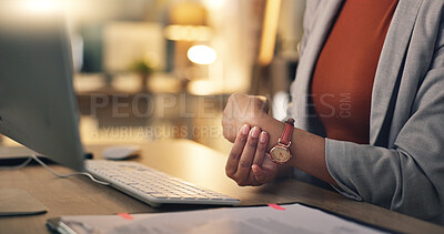 Business woman, hands and wrist pain in office at computer from osteoporosis, orthopedic joint and working late. Closeup of employee with carpal tunnel injury, fibromyalgia and muscle fatigue at desk