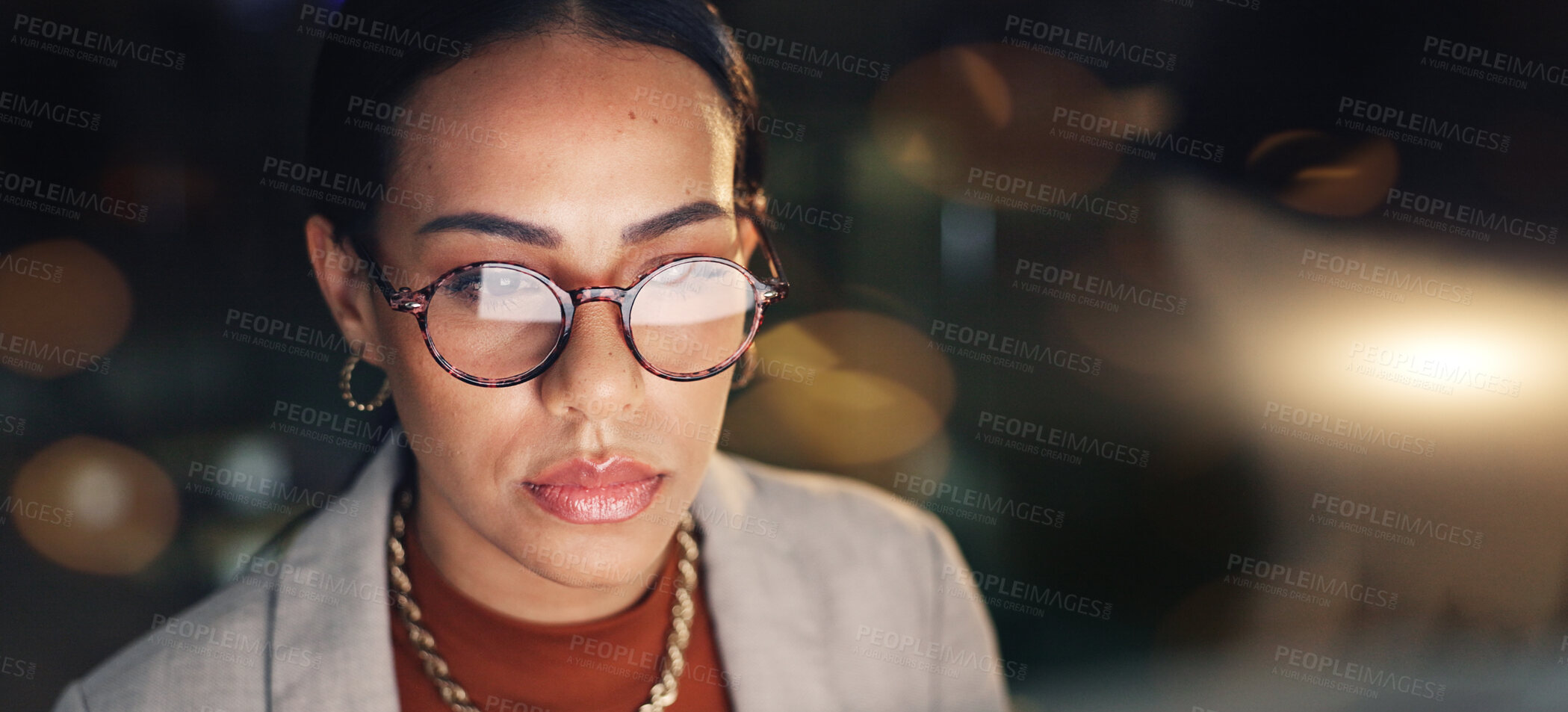 Buy stock photo Online, thinking and business woman reading in dark office, working on project deadline, proposal and planning. Computer, ideas and worker do research for solution, problem solving and brainstorming