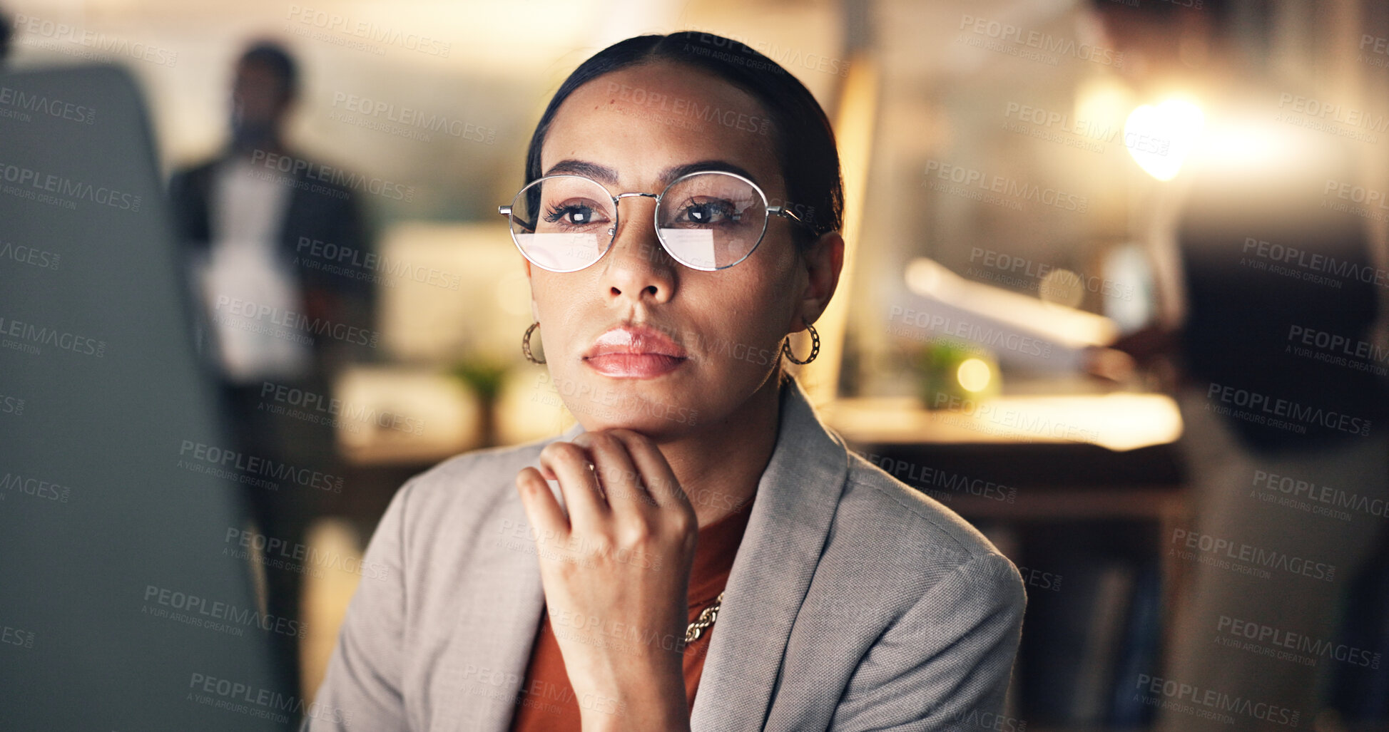 Buy stock photo Night, thinking and business woman on computer in dark office, working on project deadline, proposal and planning. Reading, idea and worker do research for solution, problem solving and brainstorming