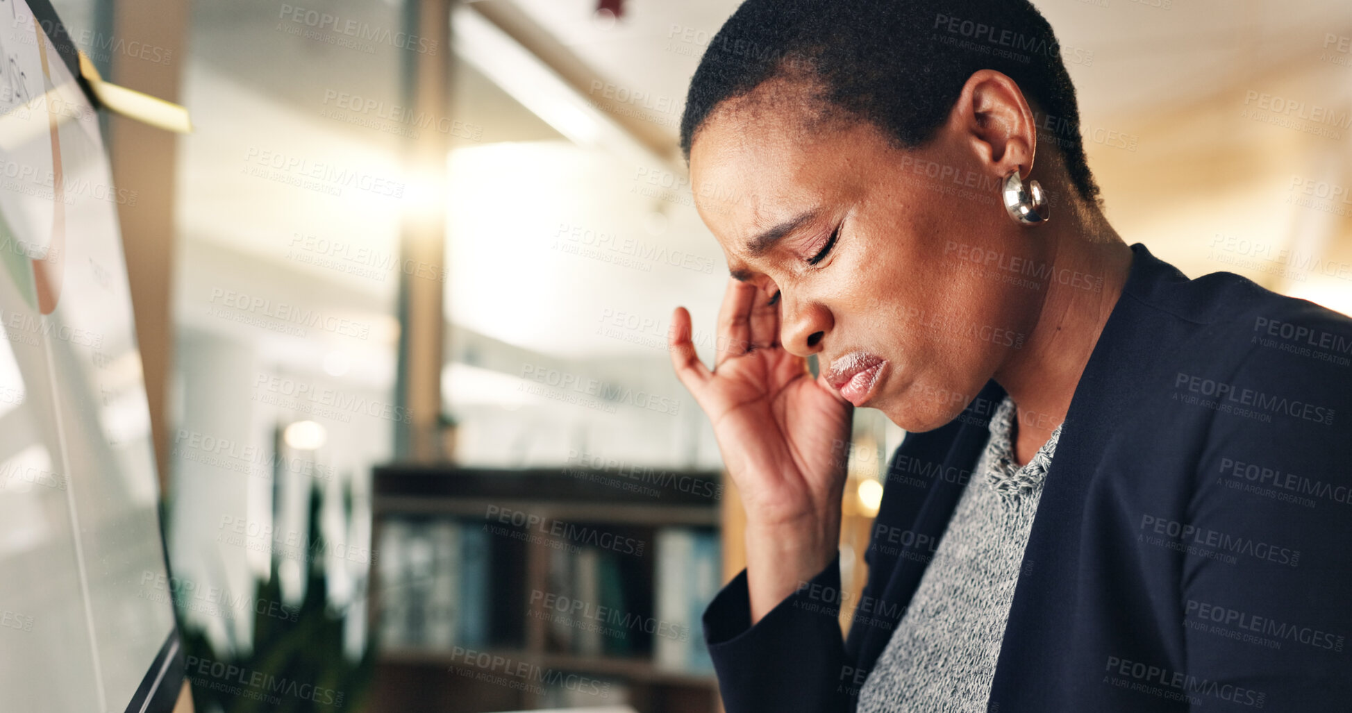 Buy stock photo Night, headache and accountant tired working on computer in a corporate company office with burnout. Business, frustrated and employee with stress for mistake, risk or fail on overtime project