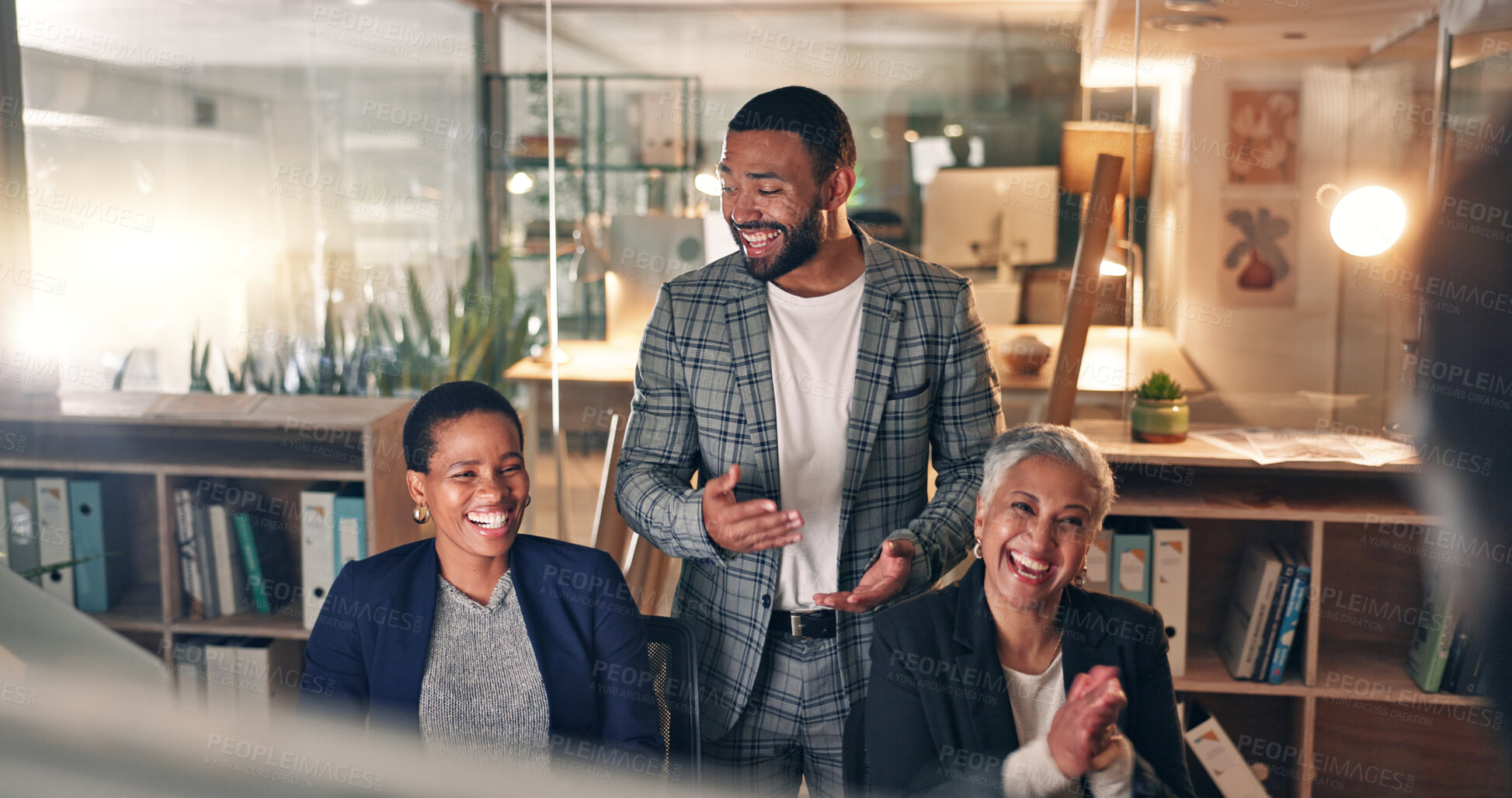 Buy stock photo Presentation, clapping hands and business people celebrate in office for planning creative project. Collaboration, startup and group of designers with applause for teamwork success in the workplace.