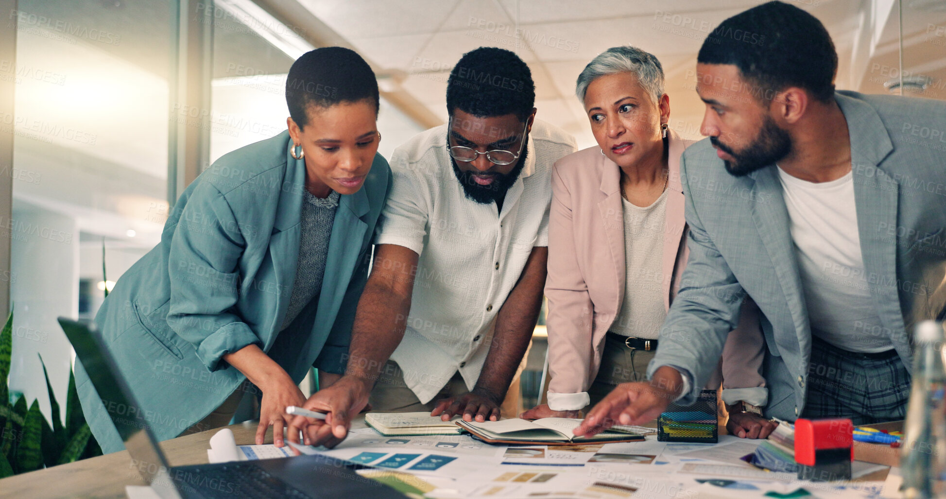 Buy stock photo Meeting, planning and business people in the office at night for a creative project with color samples. Professional, diversity and team of designers working overtime in collaboration for deadline.