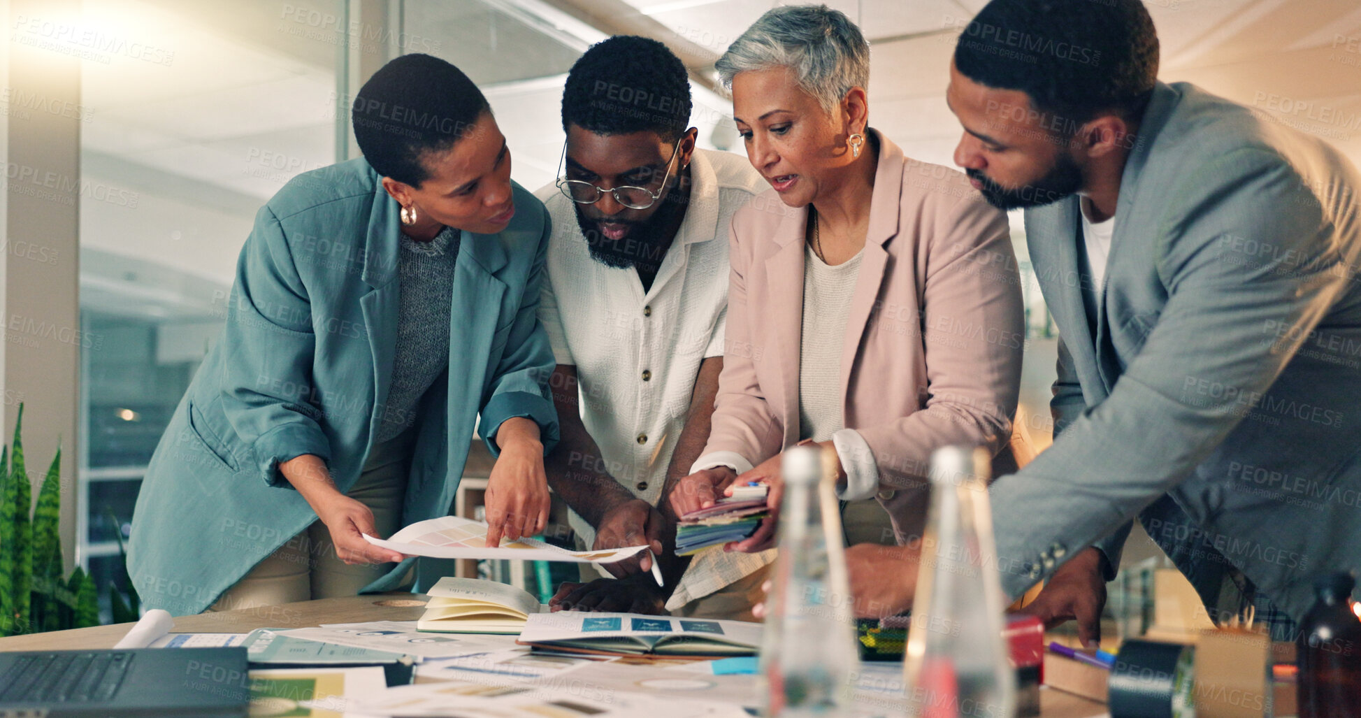 Buy stock photo Meeting, planning and business people in the office at night for a creative project with color samples. Professional, diversity and team of designers working overtime in collaboration for deadline.