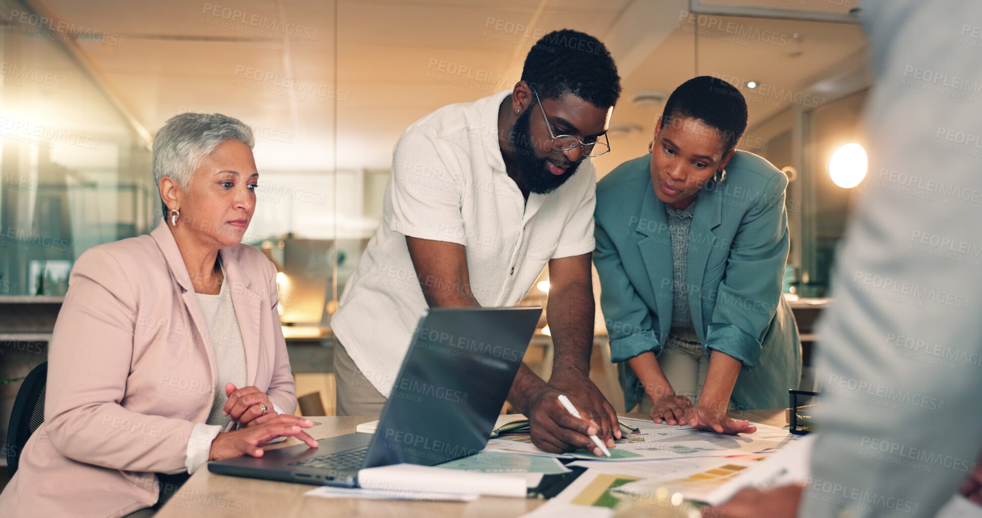 Buy stock photo Brainstorming, meeting and business people in office at night for a creative project with color samples. Planning, discussion and team of designers working overtime in collaboration for deadline.