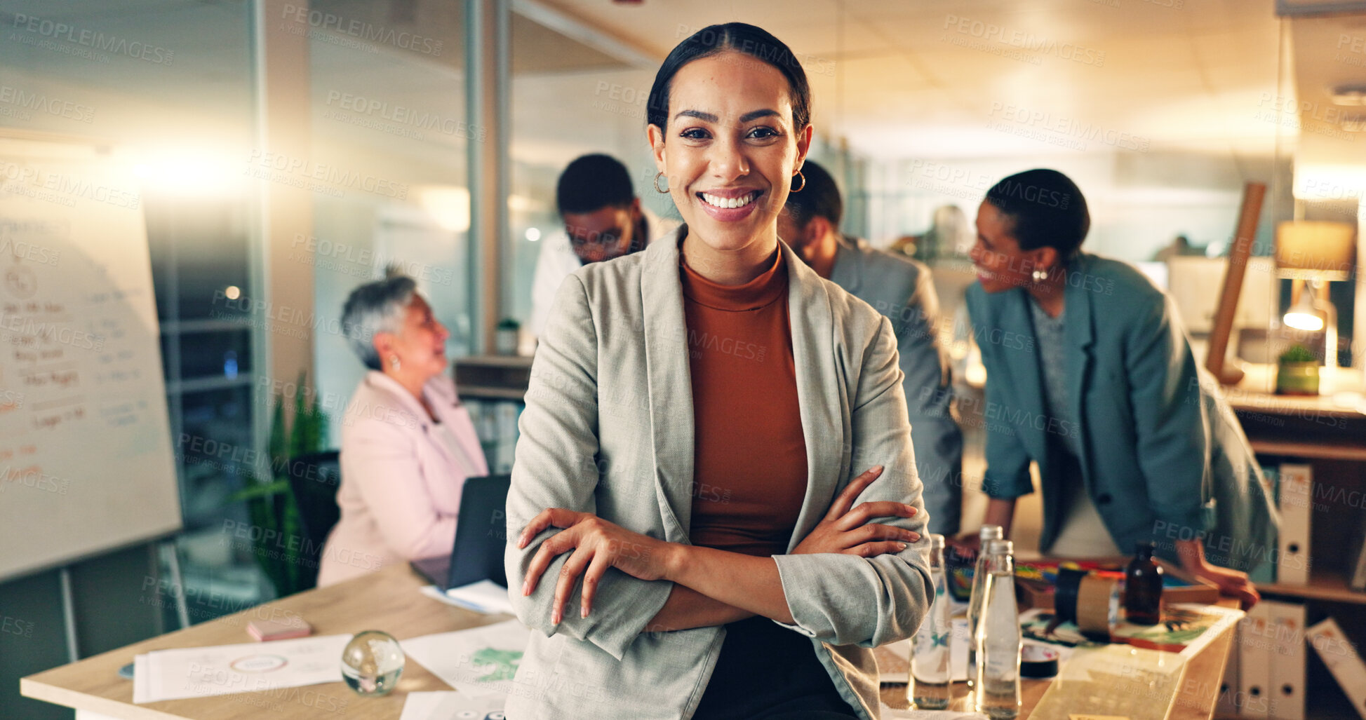 Buy stock photo Face, business and woman with arms crossed, smile and career with teamwork, meeting or planning. Portrait, person or employee with cooperation, staff or professional with brainstorming in a workplace