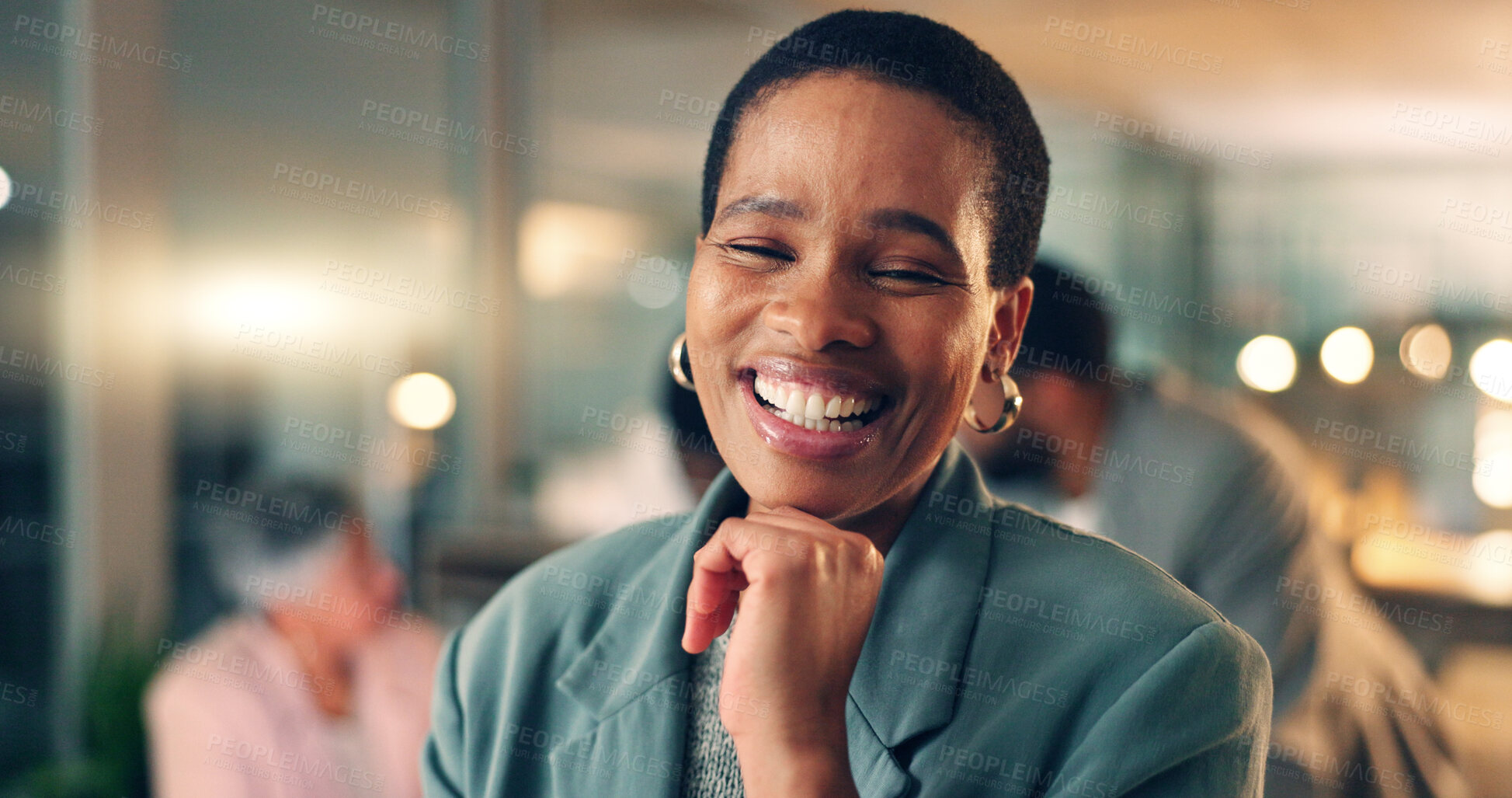 Buy stock photo Face, business and black woman with arms a smile, meeting or career with teamwork, success or brainstorming. Portrait, African person or employee with cooperation, staff or professional with planning