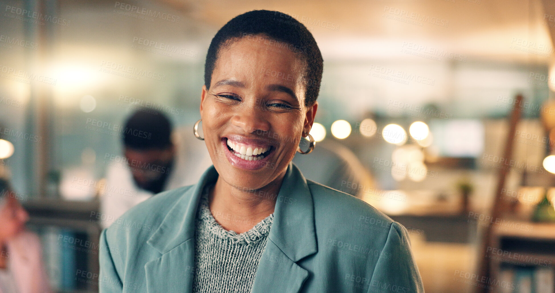 Buy stock photo Face, business and black woman with arms a smile, meeting or career with teamwork, success or brainstorming. Portrait, African person or employee with cooperation, staff or professional with planning