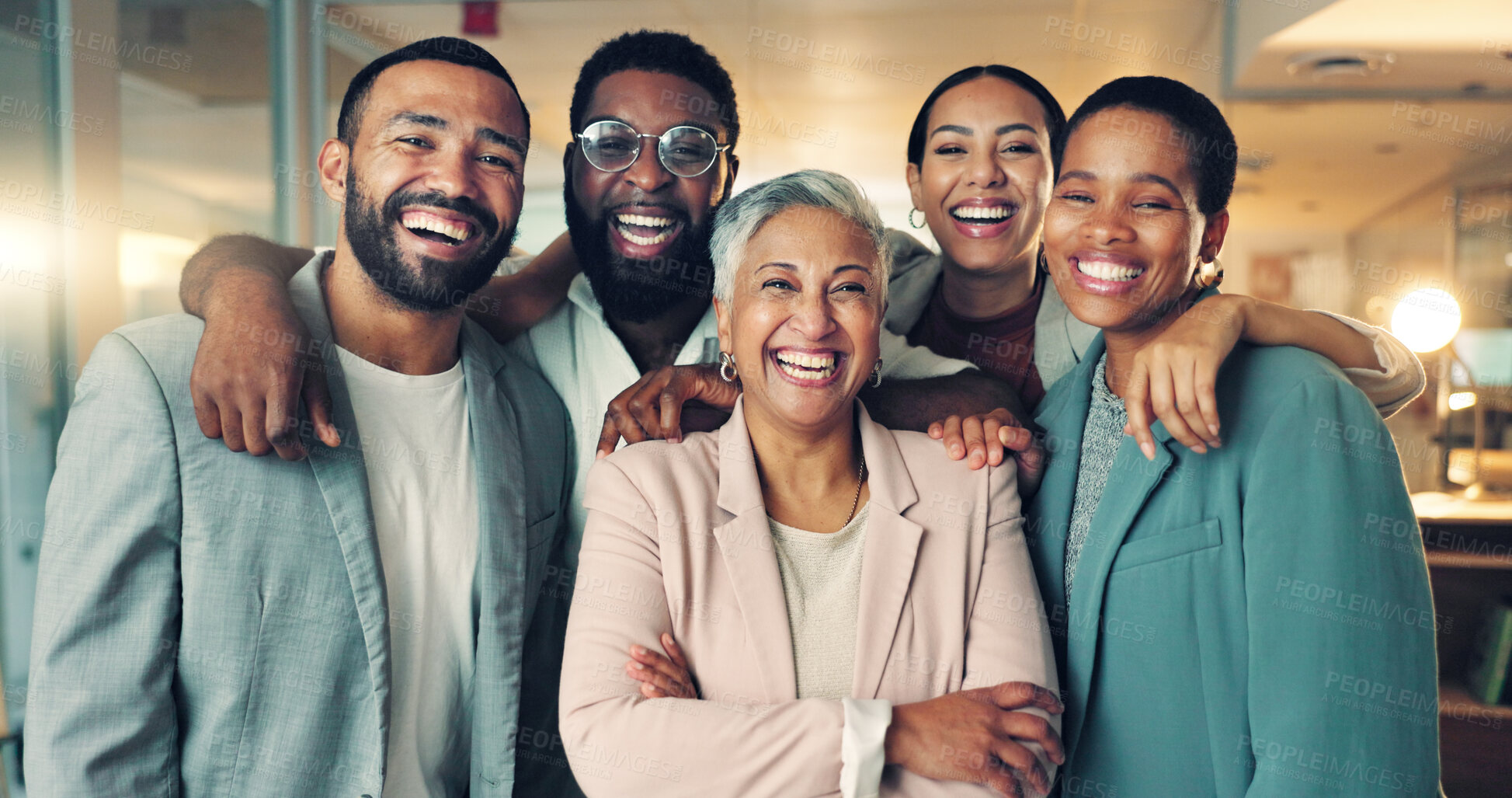 Buy stock photo Smile, confidence and portrait of business people in office for team building or collaboration. Happy, staff and group of creative designers with senior woman manager with crossed arms in workplace.