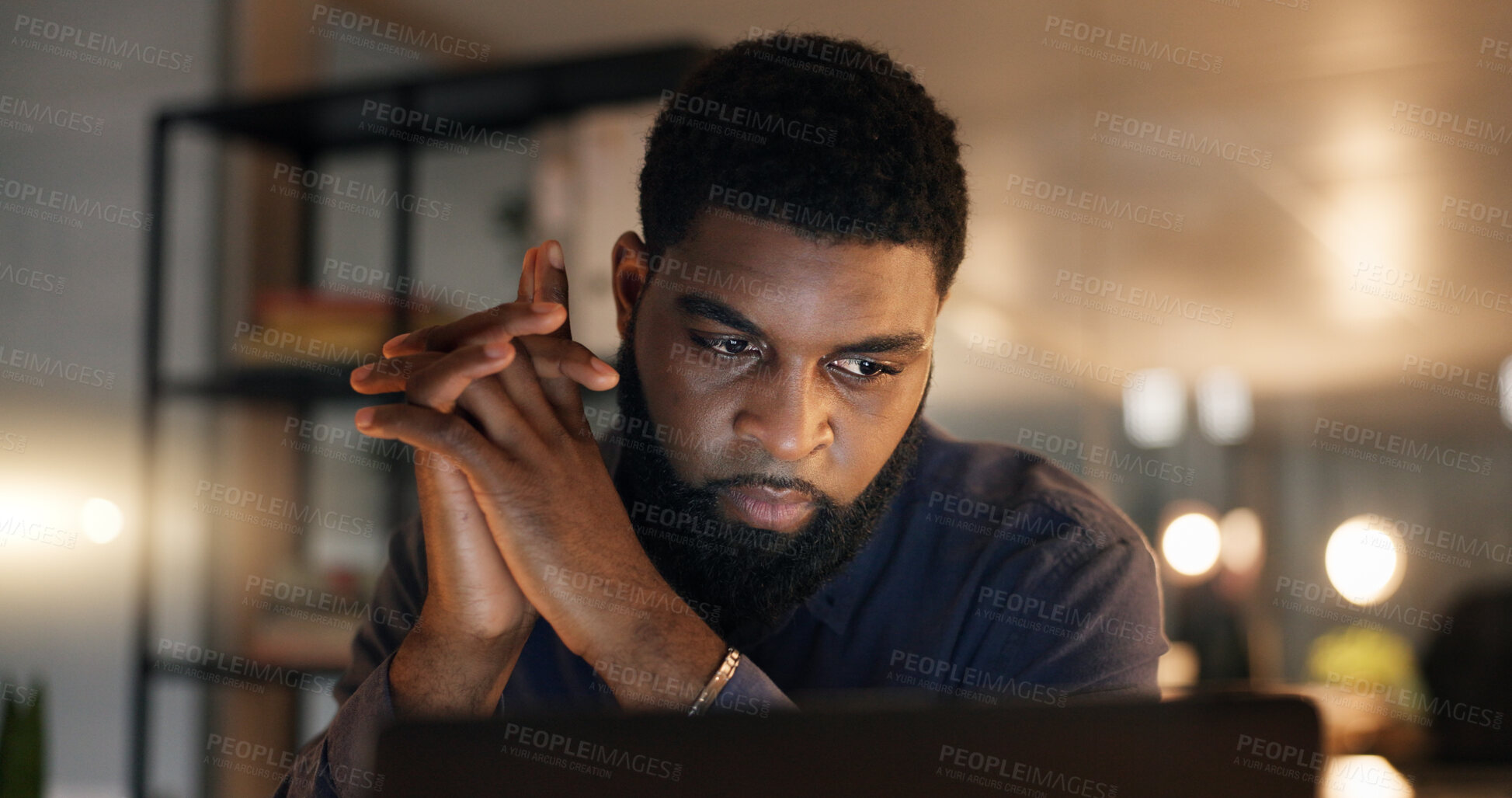 Buy stock photo Business, night and thinking with black man, solution and professional with stress and decision. African person, entrepreneur and consultant with idea or brainstorming with choice and problem solving