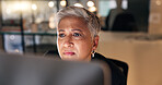 Business, night and thinking with senior woman, professional and PR consultant with deadline and decision. Worry, mature person or evening with entrepreneur and choice with planning or online reading