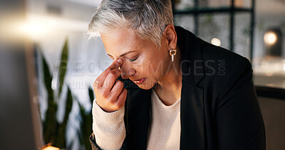 Buy stock photo Business, night and senior woman with headache, stress and frustrated with pain and overworked. Mature person, employee and evening with entrepreneur and migraine with health crisis, ache and burnout