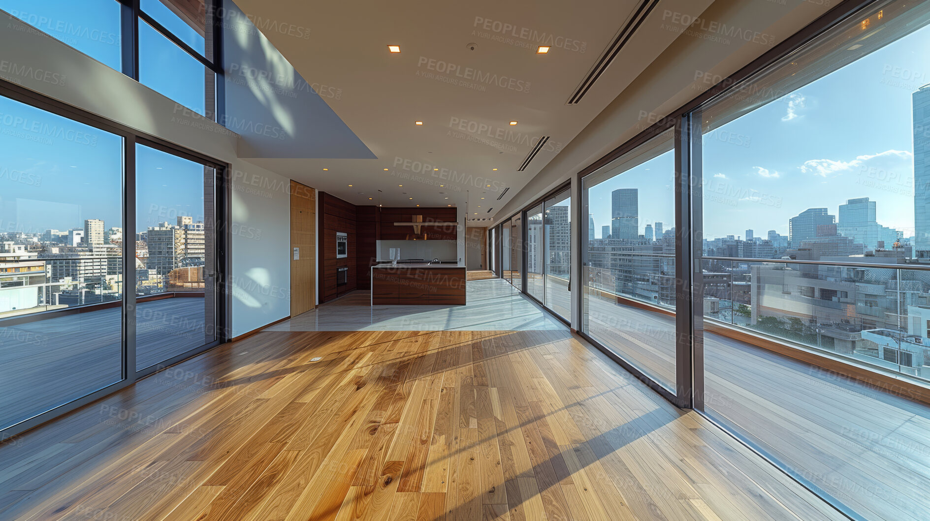 Buy stock photo Room, interior and windows with an empty space in a modern home or office during summer. Business, home and wood floors in a luxury apartment for design, architecture or simplicity with beautiful views