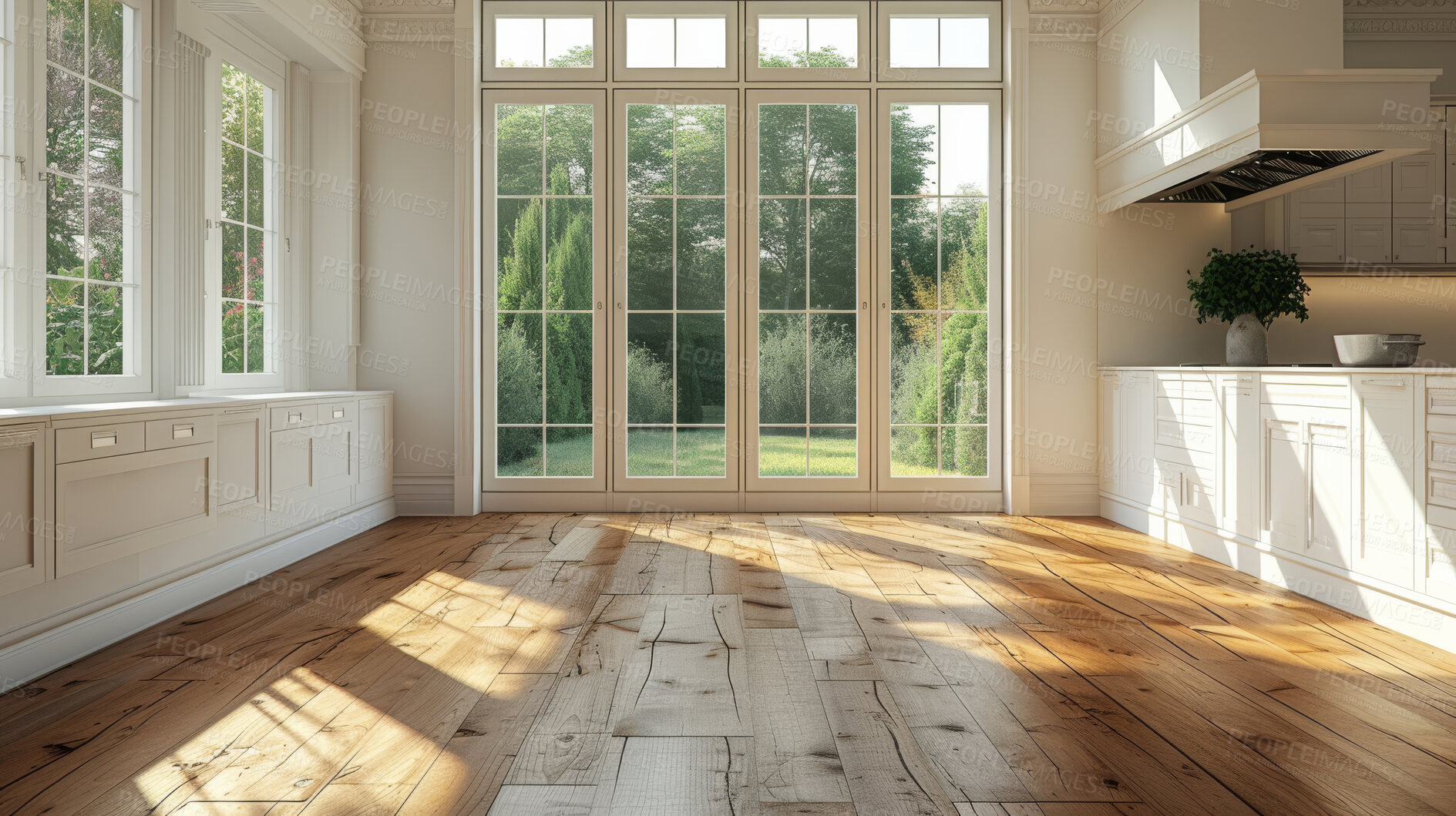 Buy stock photo Room, interior and windows with an empty space in a modern home or office during summer. Business, home and wood floors in a luxury apartment for design, architecture or simplicity with garden views