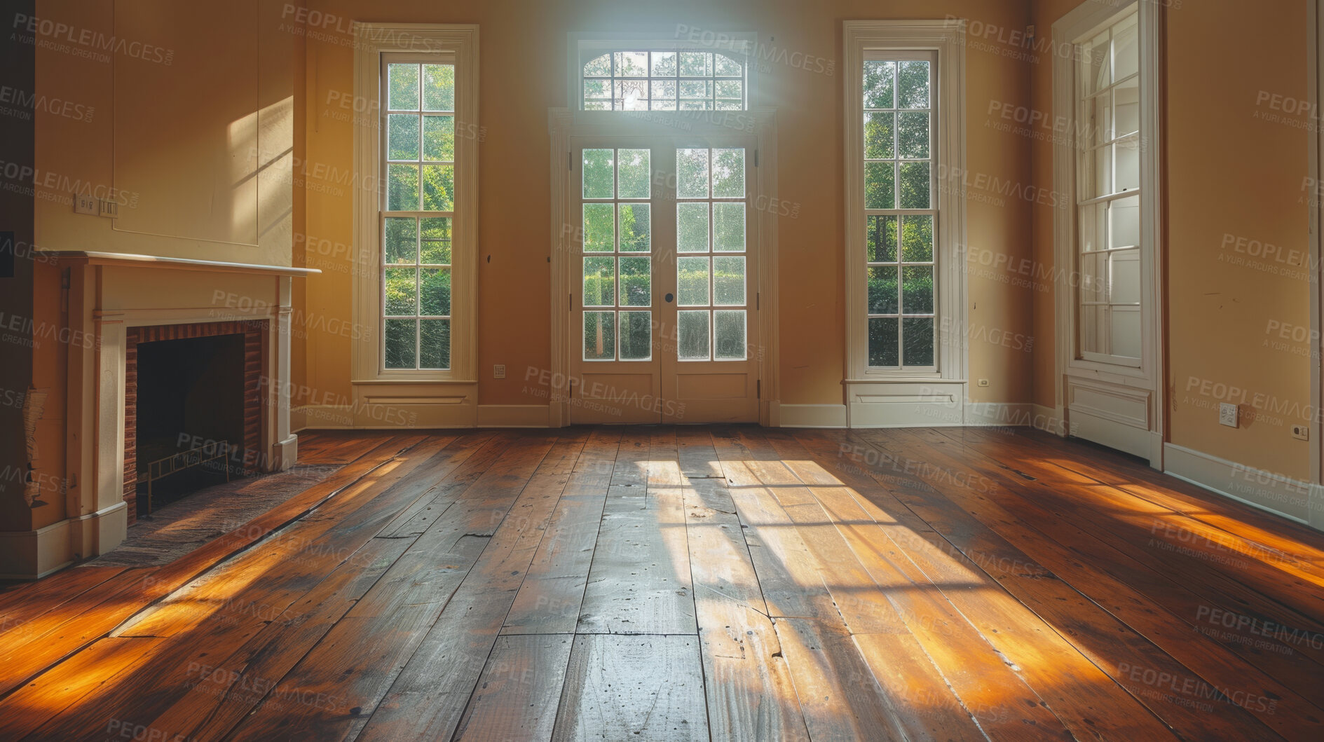 Buy stock photo Room, interior and windows with an empty space in a modern home or office during summer. Business, home and wood floors in a luxury apartment for design, architecture or simplicity with views