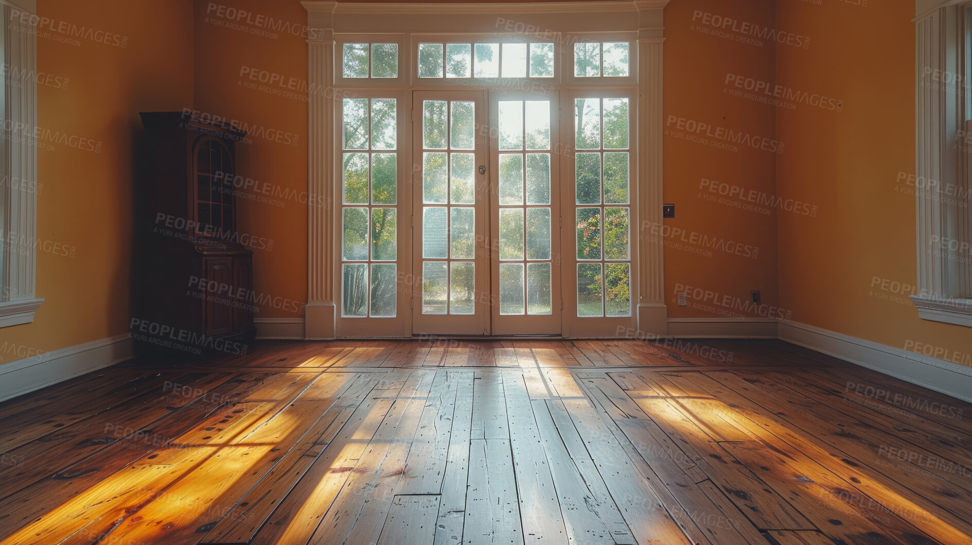 Buy stock photo Room, interior and windows with an empty space in a modern home or office during summer. Business, home and wood floors in a luxury apartment for design, architecture or simplicity with views