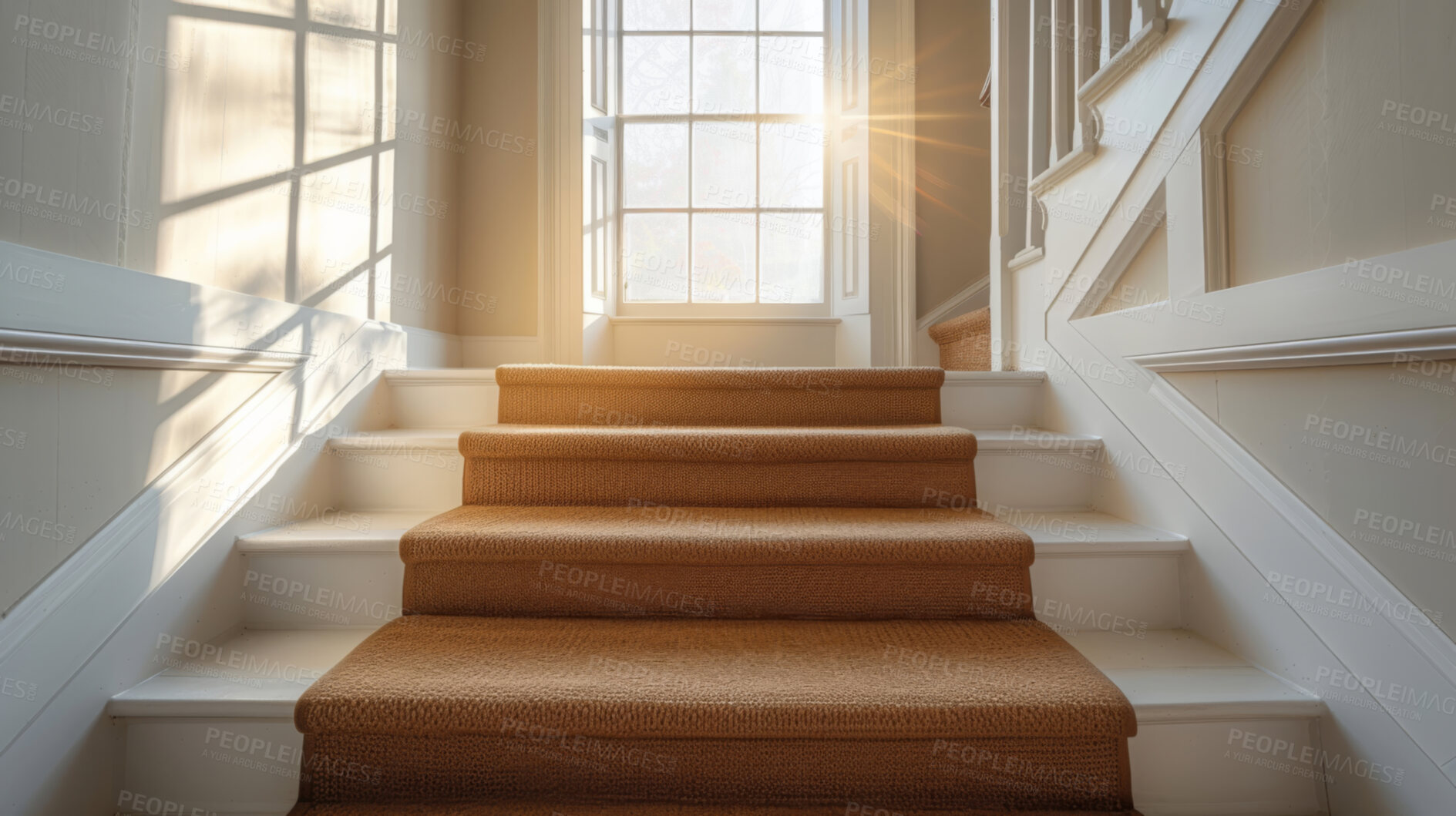 Buy stock photo Stairs, interior and windows with an empty space in a modern home or office during summer. Family, home and wood floors in a luxury apartment for design, architecture or simplicity with staircase