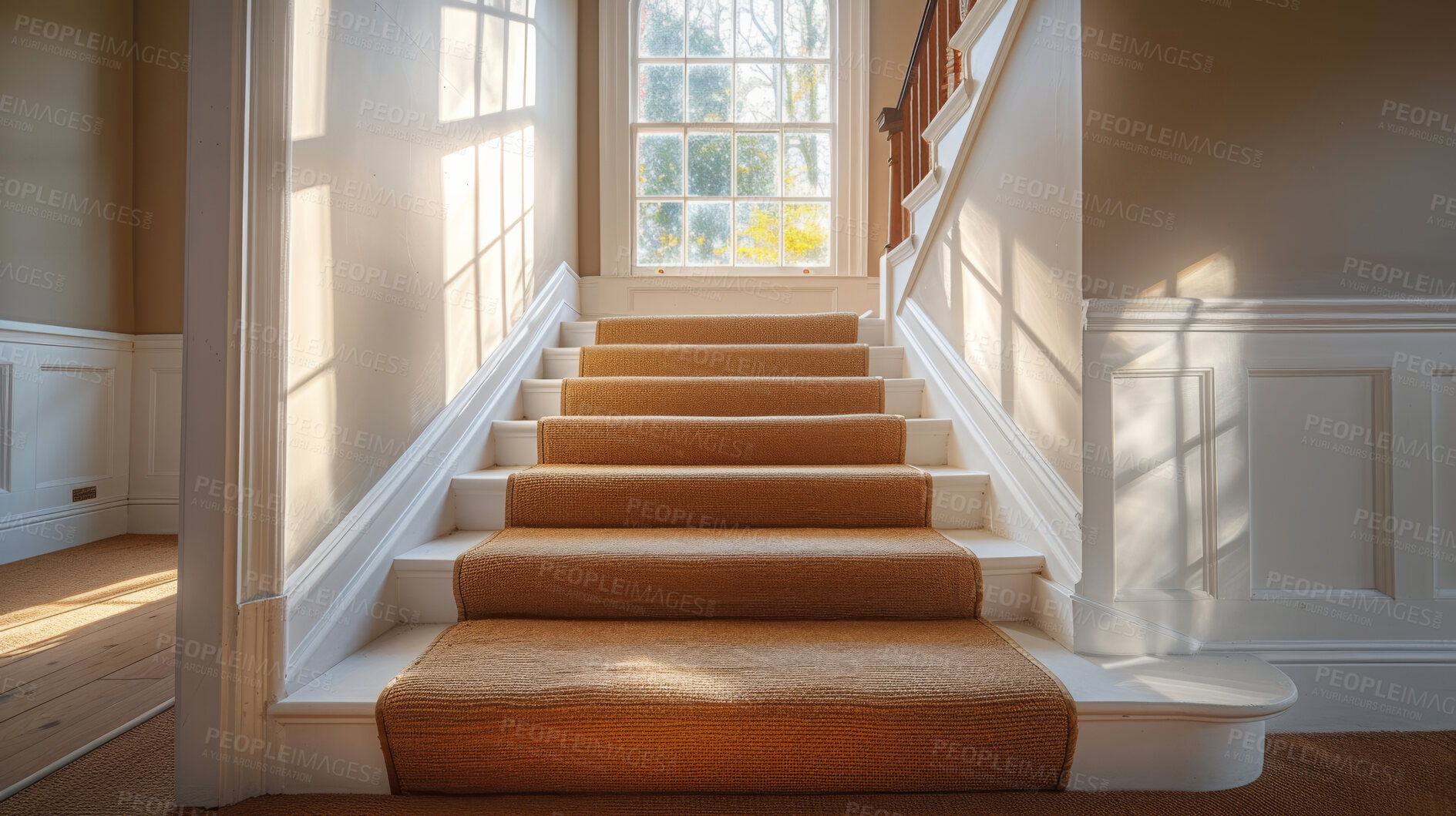 Buy stock photo Stairs, interior and windows with an empty space in a modern home or office during summer. Family, home and wood floors in a luxury apartment for design, architecture or simplicity with staircase