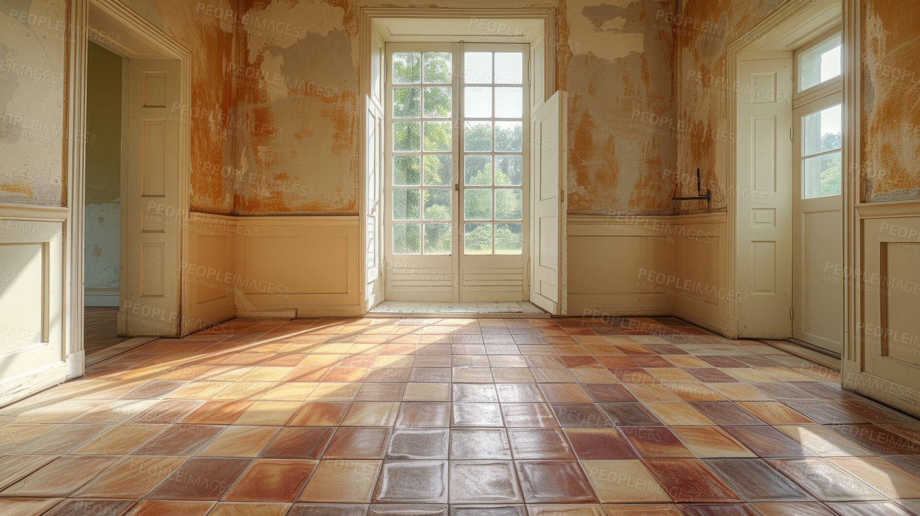 Buy stock photo Bathroom, interior and big windows with an empty space in a modern home or office during summer. Rental, home and tiled floors in a luxury apartment for design, architecture or simplicity with garden views