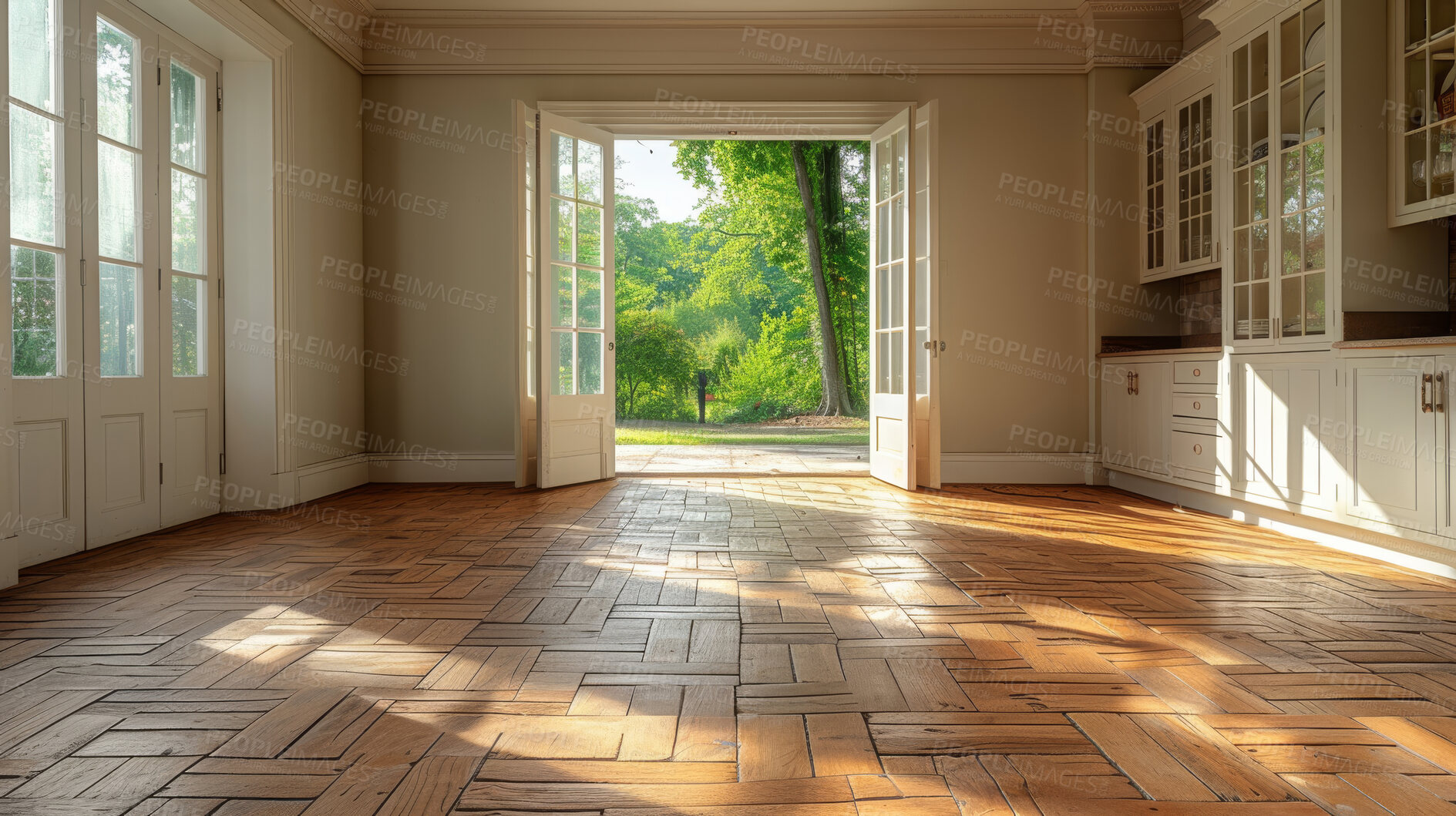 Buy stock photo Bathroom, interior and big windows with an empty space in a modern home or office during summer. Rental, home and tiled floors in a luxury apartment for design, architecture or simplicity with garden views