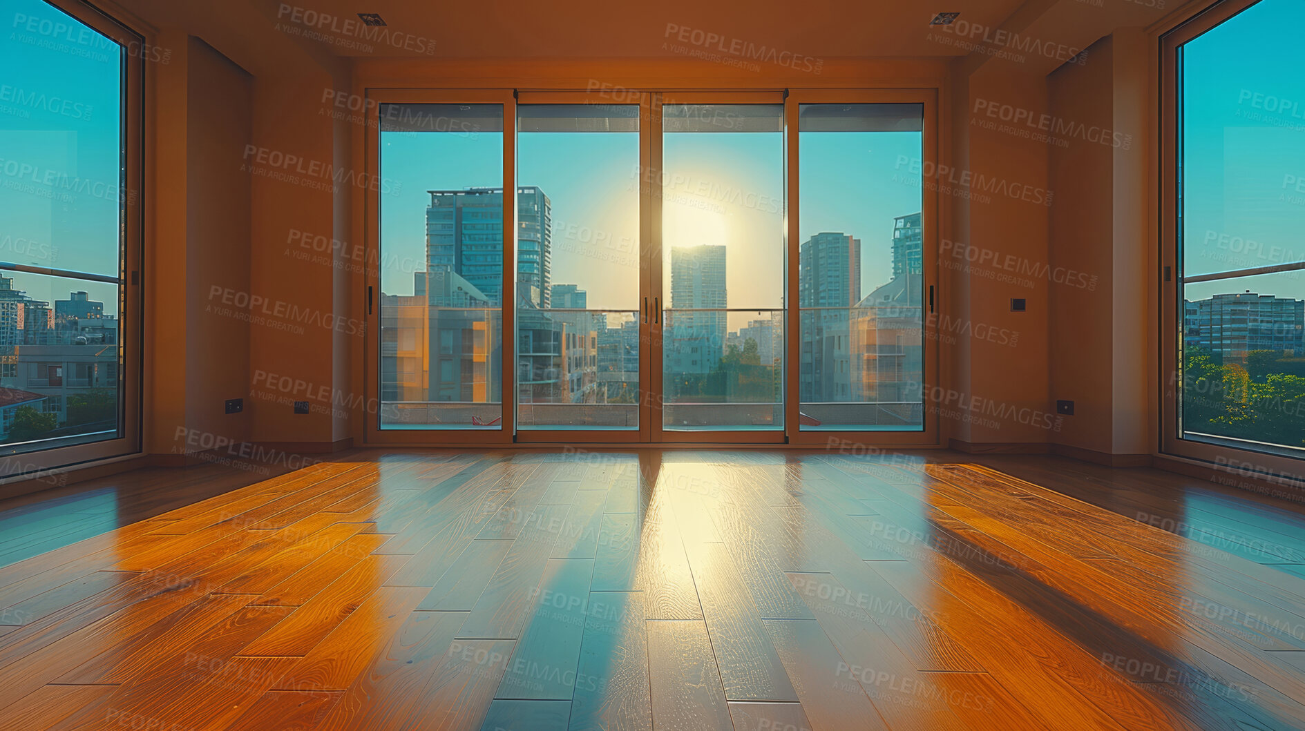 Buy stock photo Room, interior and windows with an empty space in a modern home or office during summer. Business, home and wood floors in a luxury apartment for design, architecture or simplicity with views