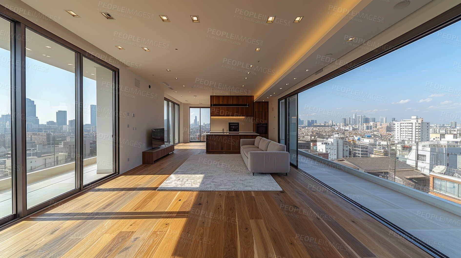 Buy stock photo Room, interior and windows with an empty space in a modern home or office during summer. Business, home and wood floors in a luxury apartment for design, architecture or simplicity with views