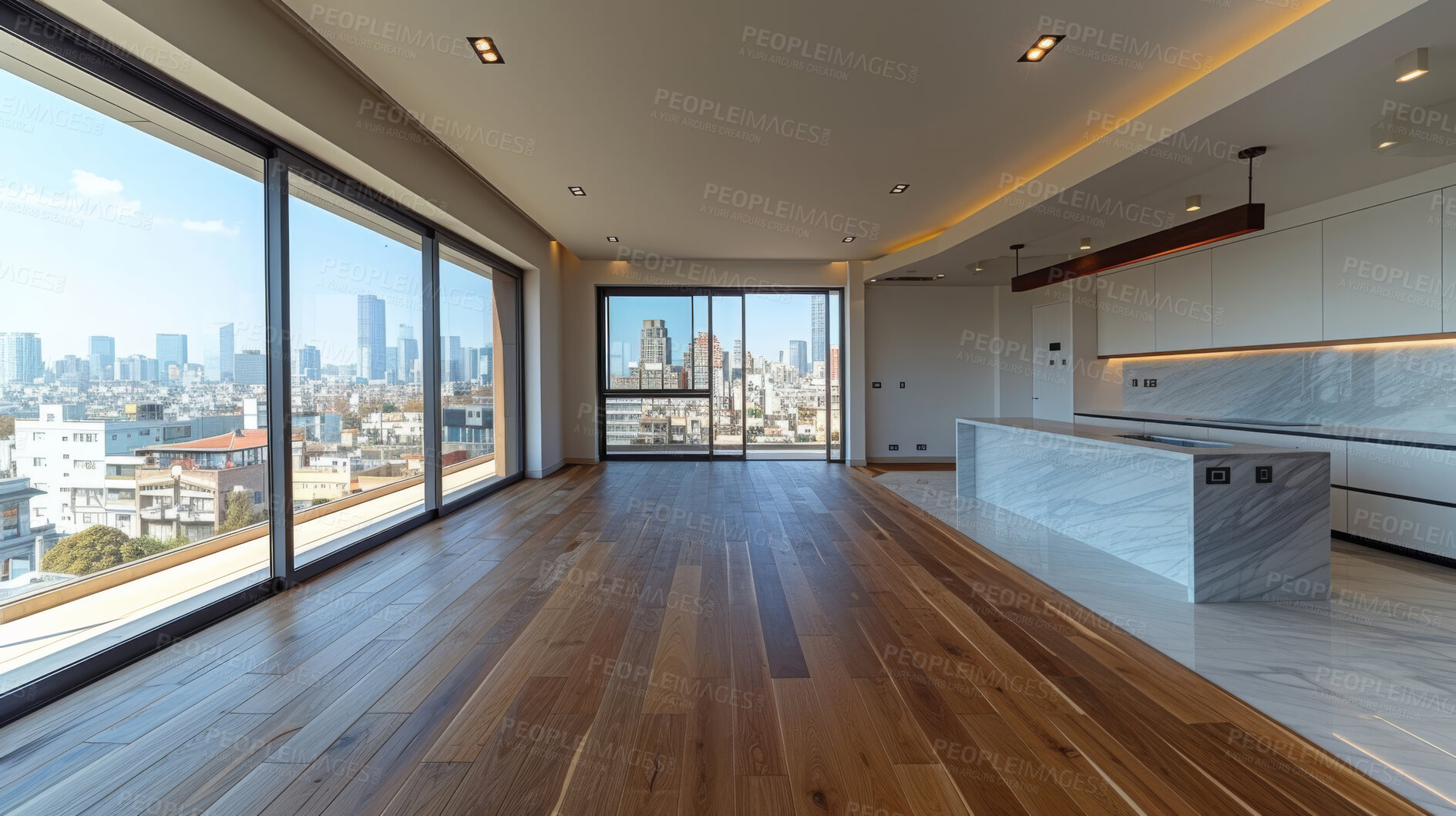 Buy stock photo Room, interior and windows with an empty space in a modern home or office during summer. Business, home and wood floors in a luxury apartment for design, architecture or simplicity with views