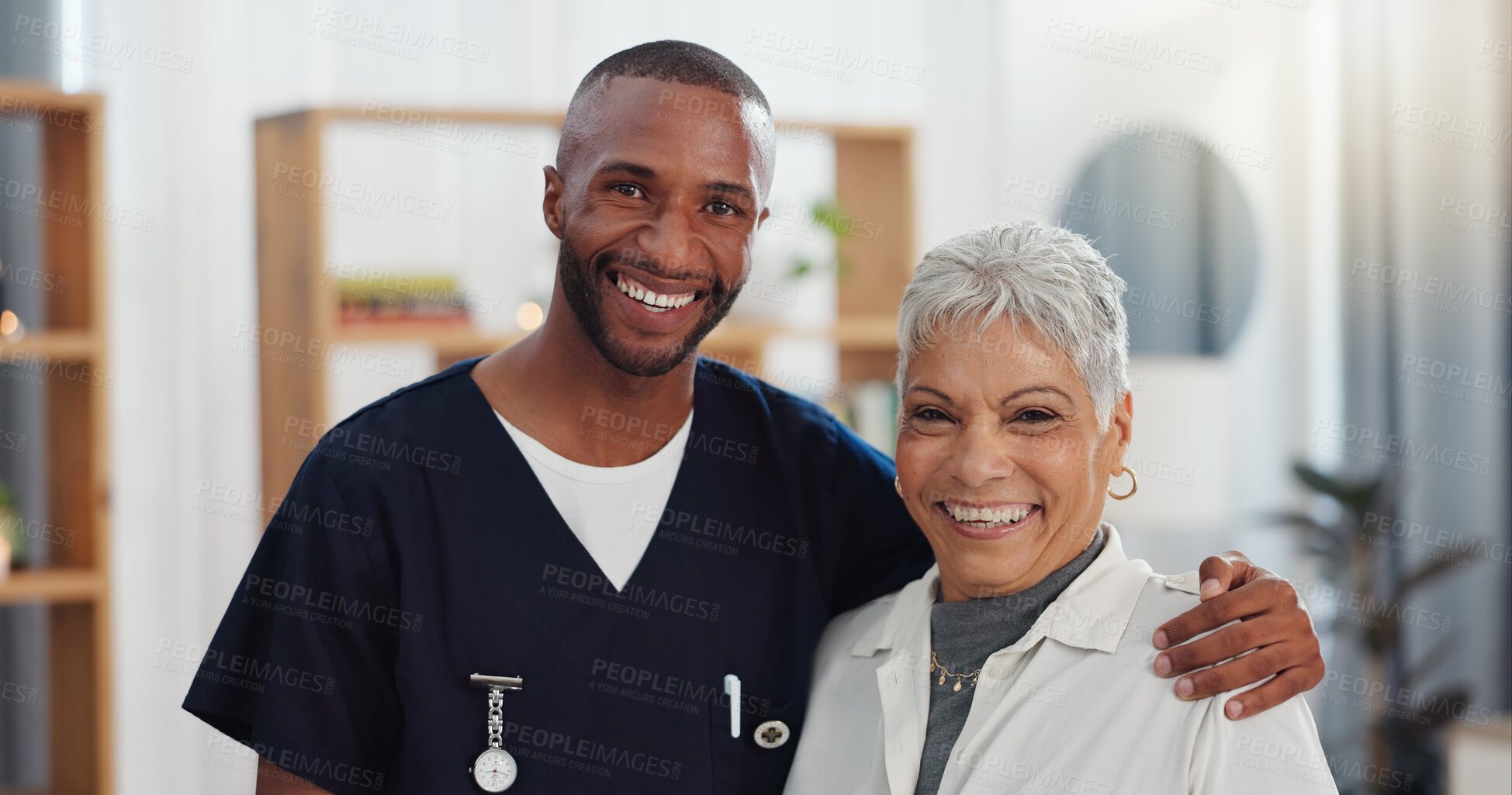 Buy stock photo Support, homecare and face of caregiver with senior woman in a living room with happy, hug or bonding. Healthcare, portrait and man nurse embrace old patient with service, recovery or progress pride