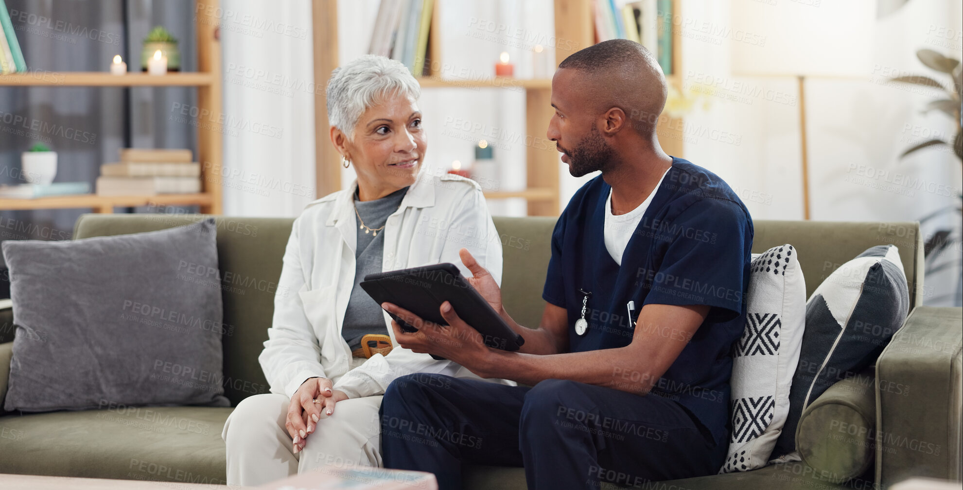 Buy stock photo Old woman, man and tablet, caregiver with patient for healthcare and medical information or help with social media. Support, African nurse for elderly care and tech, telehealth and how to work app