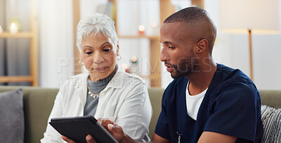 Elderly woman, man and tablet, nurse with patient for health and medical information or help with social media. Support, African caregiver for elderly care and tech, telehealth and how to work app