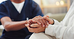 Empathy, closeup and nurse holding hands with woman for consulting with kindness, comfort or support. Sorry, understanding and health specialist with patient in consultation room, solidarity or hope