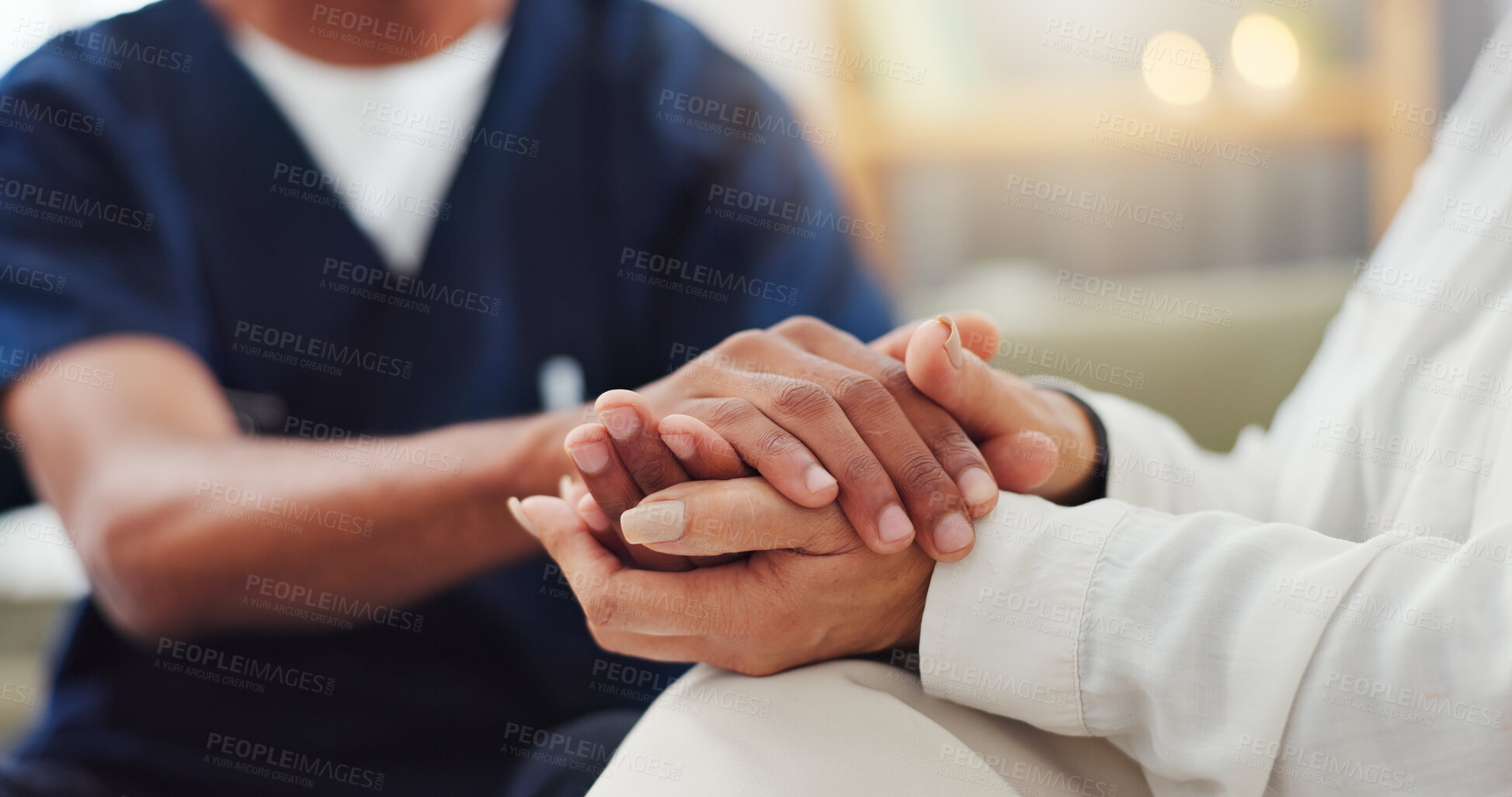 Buy stock photo Empathy, closeup and nurse holding hands with woman for consulting with kindness, comfort or support. Sorry, understanding and health specialist with patient in consultation room, solidarity or hope