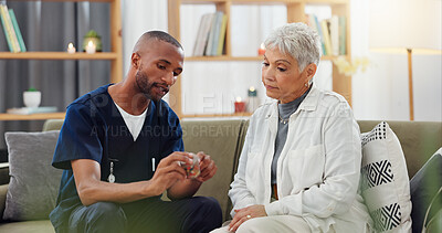 Caregiver, patient and pills, instructions and help for treatment dosage, medicine and elderly care. Pharmaceutical drugs, advice and African nurse with old woman on sofa and supplements for health