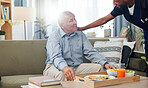 Senior, woman and nurse or breakfast with support, conversation and caregiver in living room of retirement. Elderly, person and black man with kindness, happiness and discussion while serving a meal